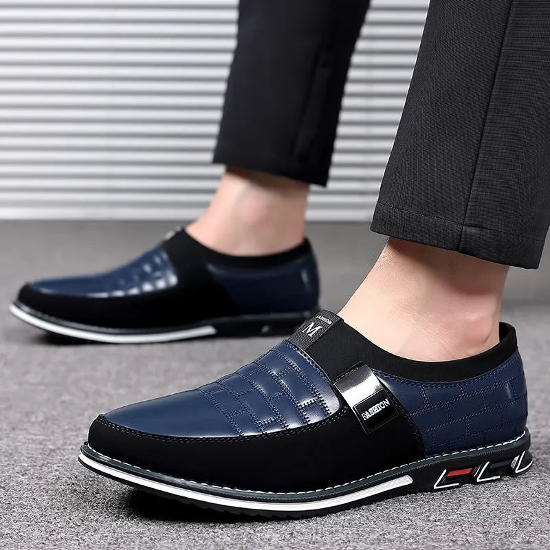 Men's slip-on plus size casual leather shoes black round toe artificial PU rubber sole