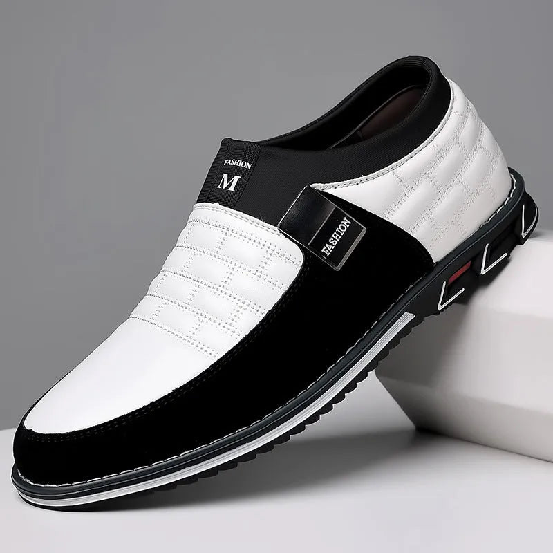 Men's slip-on plus size casual leather shoes black round toe artificial PU rubber sole