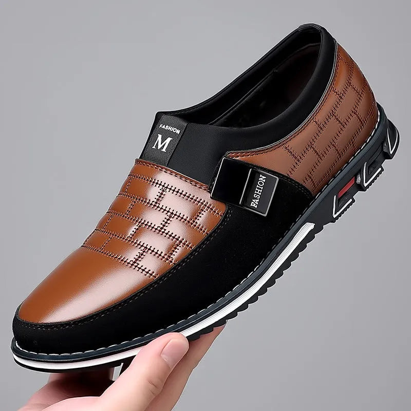 Men's slip-on plus size casual leather shoes black round toe artificial PU rubber sole