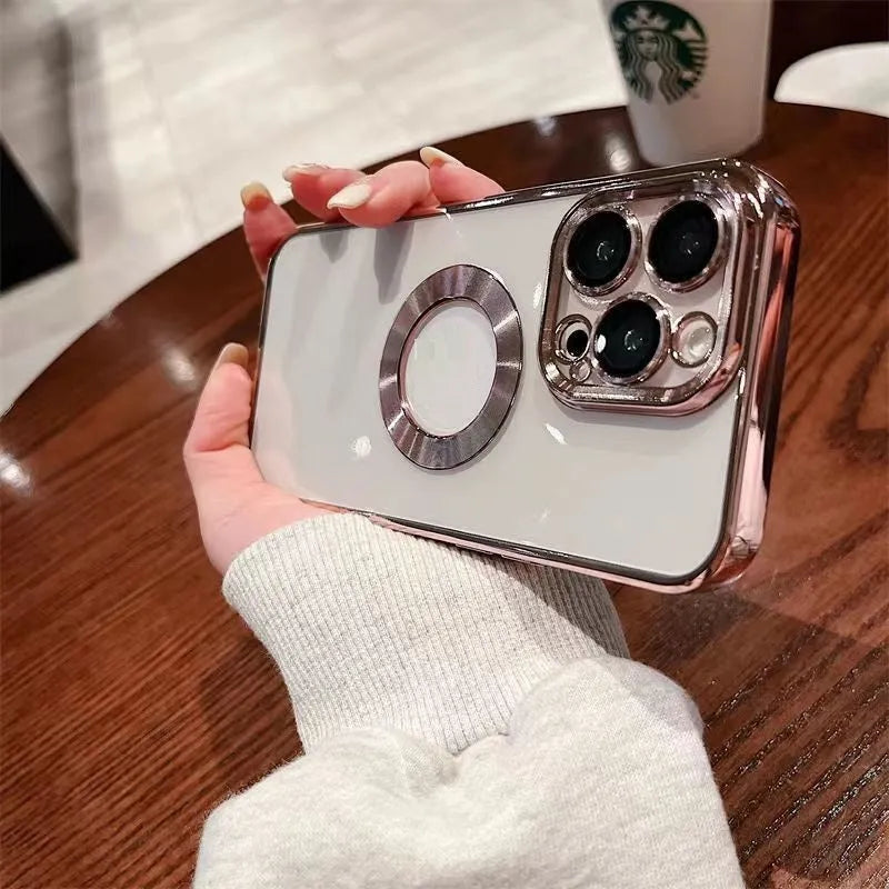 Transparent TPU phone case with electroplated CD pattern for iPhone 14 and 15 series