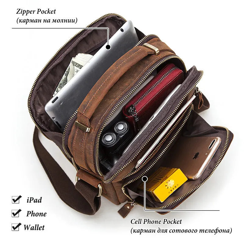 Men's brown genuine Crazy Horse leather crossbody bag with a single shoulder strap and retro sewing detail.