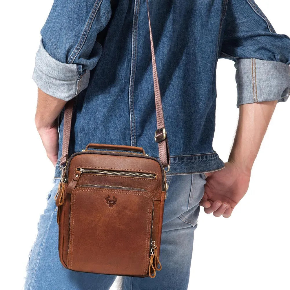 Men's brown genuine Crazy Horse leather crossbody bag with a single shoulder strap and retro sewing detail.