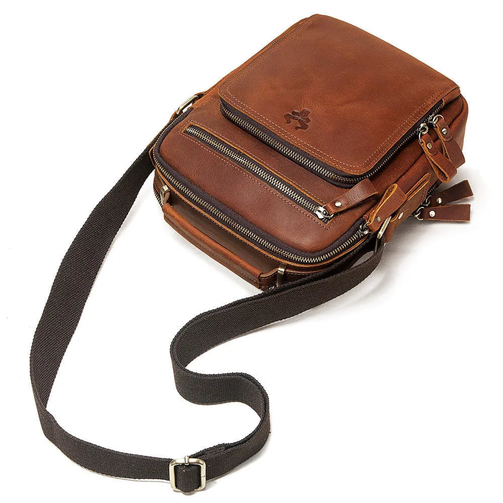 Men's brown genuine Crazy Horse leather crossbody bag with a single shoulder strap and retro sewing detail.