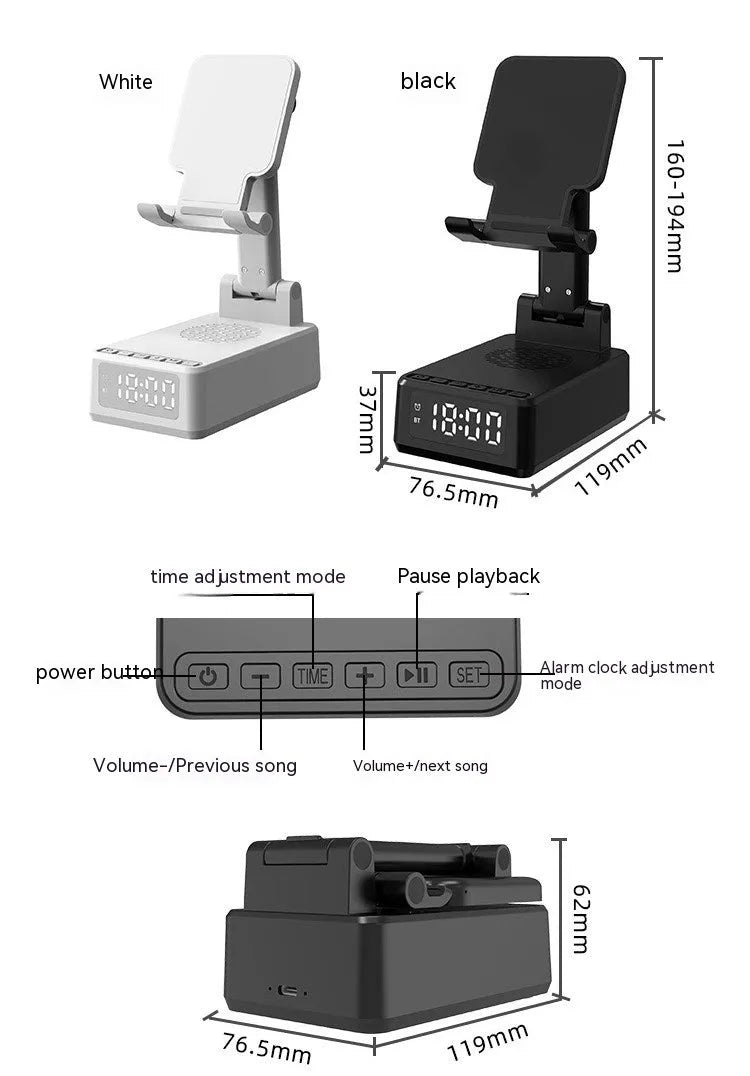 Multi-function Bluetooth speaker phone holder desktop bracket in black with 15W wireless charging pad.