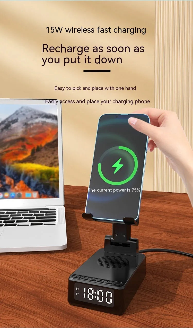 Multi-function Bluetooth speaker phone holder desktop bracket in black with 15W wireless charging pad.
