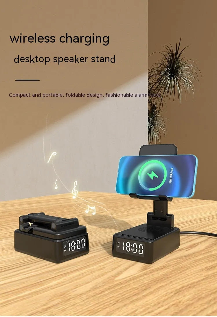 Multi-function Bluetooth speaker phone holder desktop bracket in black with 15W wireless charging pad.