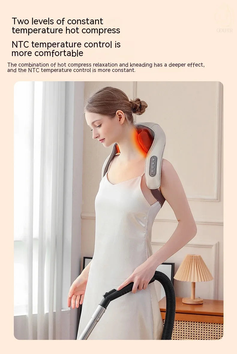 Milky white rechargeable electric shoulder and neck kneading massager with USB cable