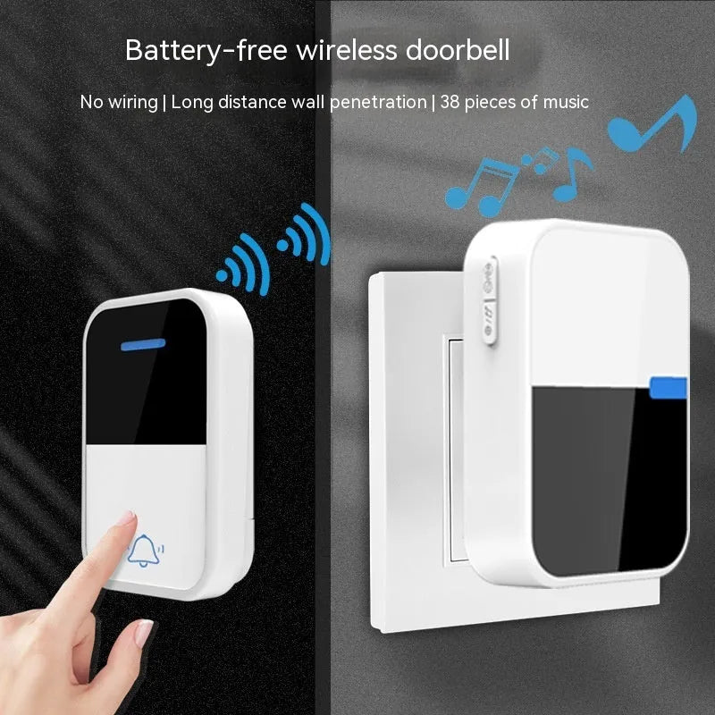 Modern white plastic wireless doorbell with receiver and transmitter units showing compact dimensions
