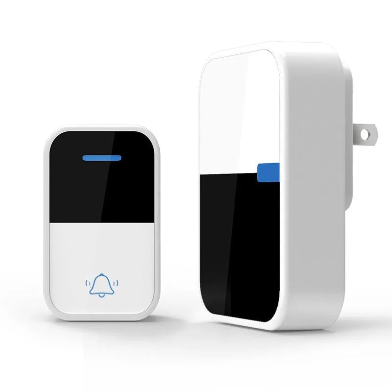 Modern white plastic wireless doorbell with receiver and transmitter units showing compact dimensions