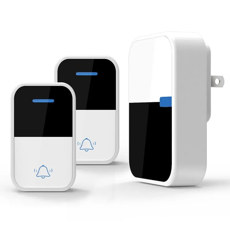 Modern white plastic wireless doorbell with receiver and transmitter units showing compact dimensions