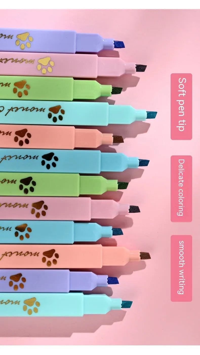 Cat's Paw brand set of six fluorescent highlighter pens with oblique nibs in a gift box
