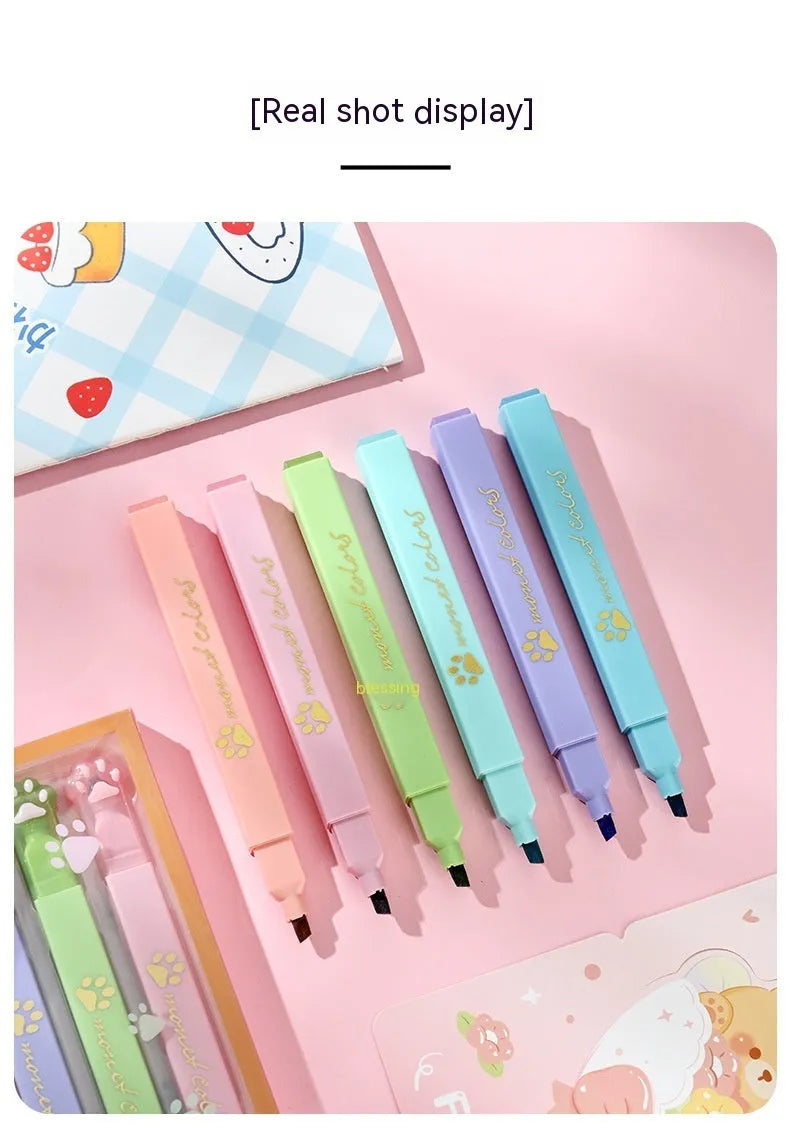 Cat's Paw brand set of six fluorescent highlighter pens with oblique nibs in a gift box