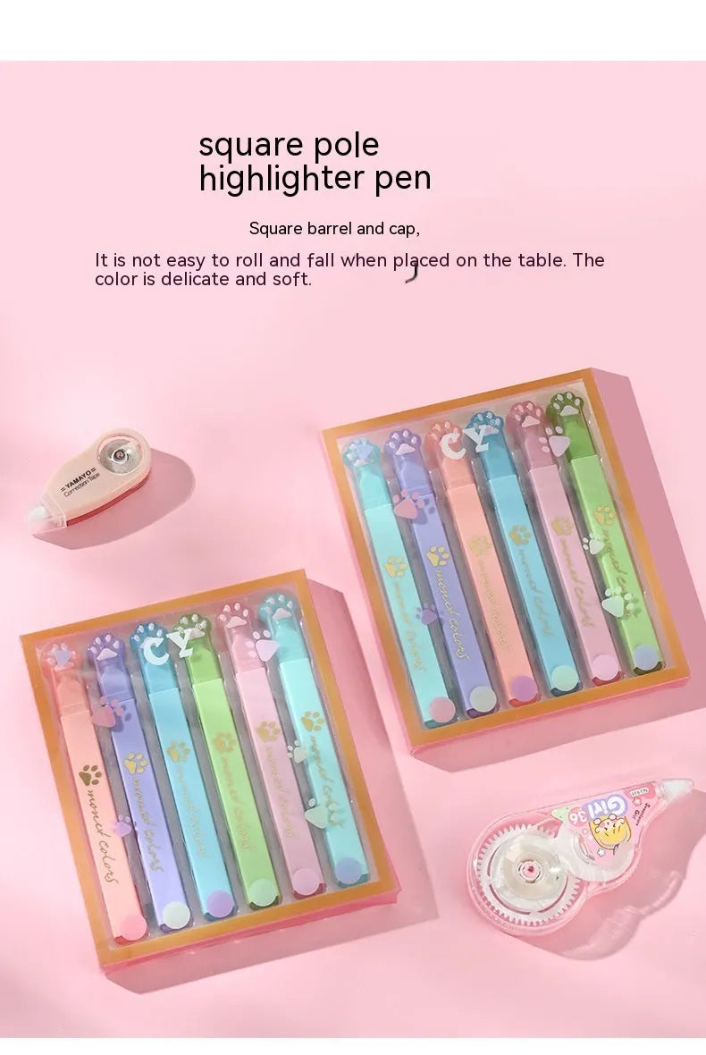 Cat's Paw brand set of six fluorescent highlighter pens with oblique nibs in a gift box