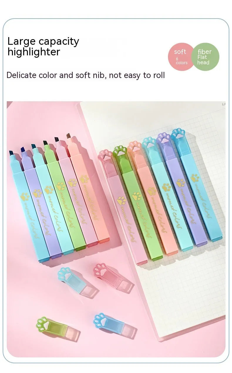 Cat's Paw brand set of six fluorescent highlighter pens with oblique nibs in a gift box
