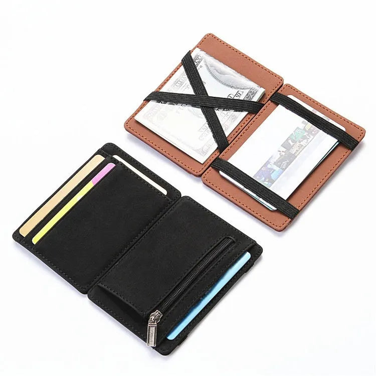 PU creative magic wallet in solid colour showing flip card holder and zipper coin purse with sewing line details.