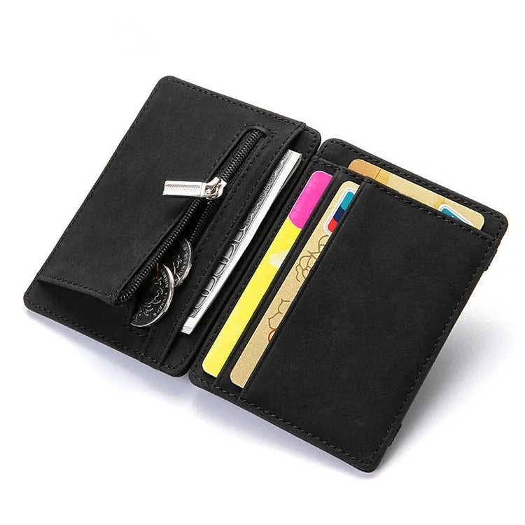 PU creative magic wallet in solid colour showing flip card holder and zipper coin purse with sewing line details.