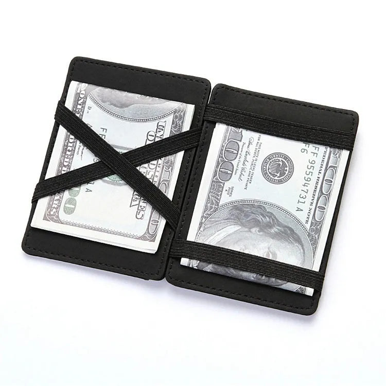 PU creative magic wallet in solid colour showing flip card holder and zipper coin purse with sewing line details.