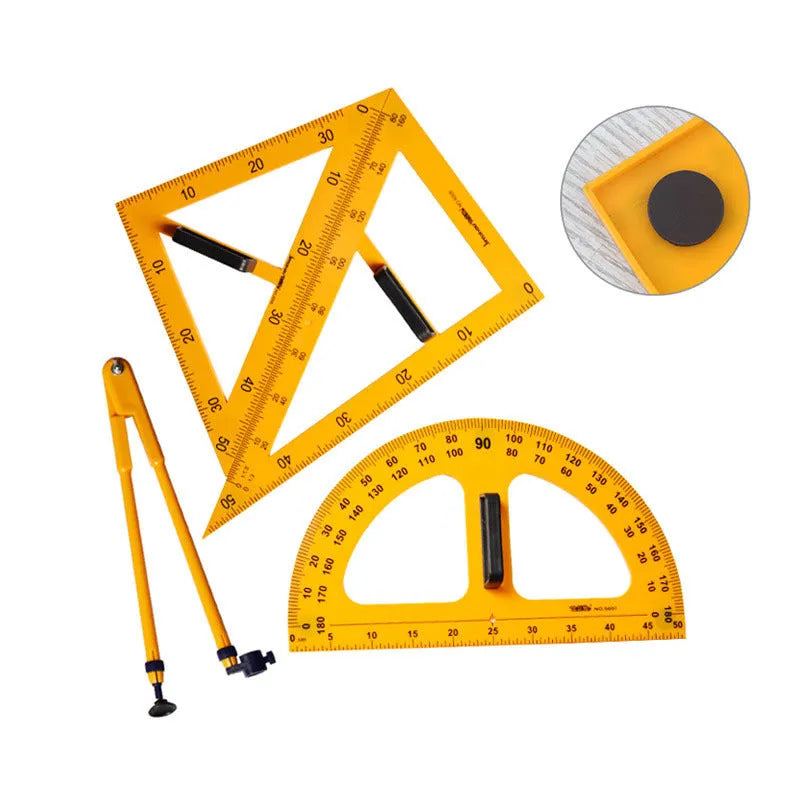 Orange and black plastic triangle ruler and protractor set for mathematics teaching