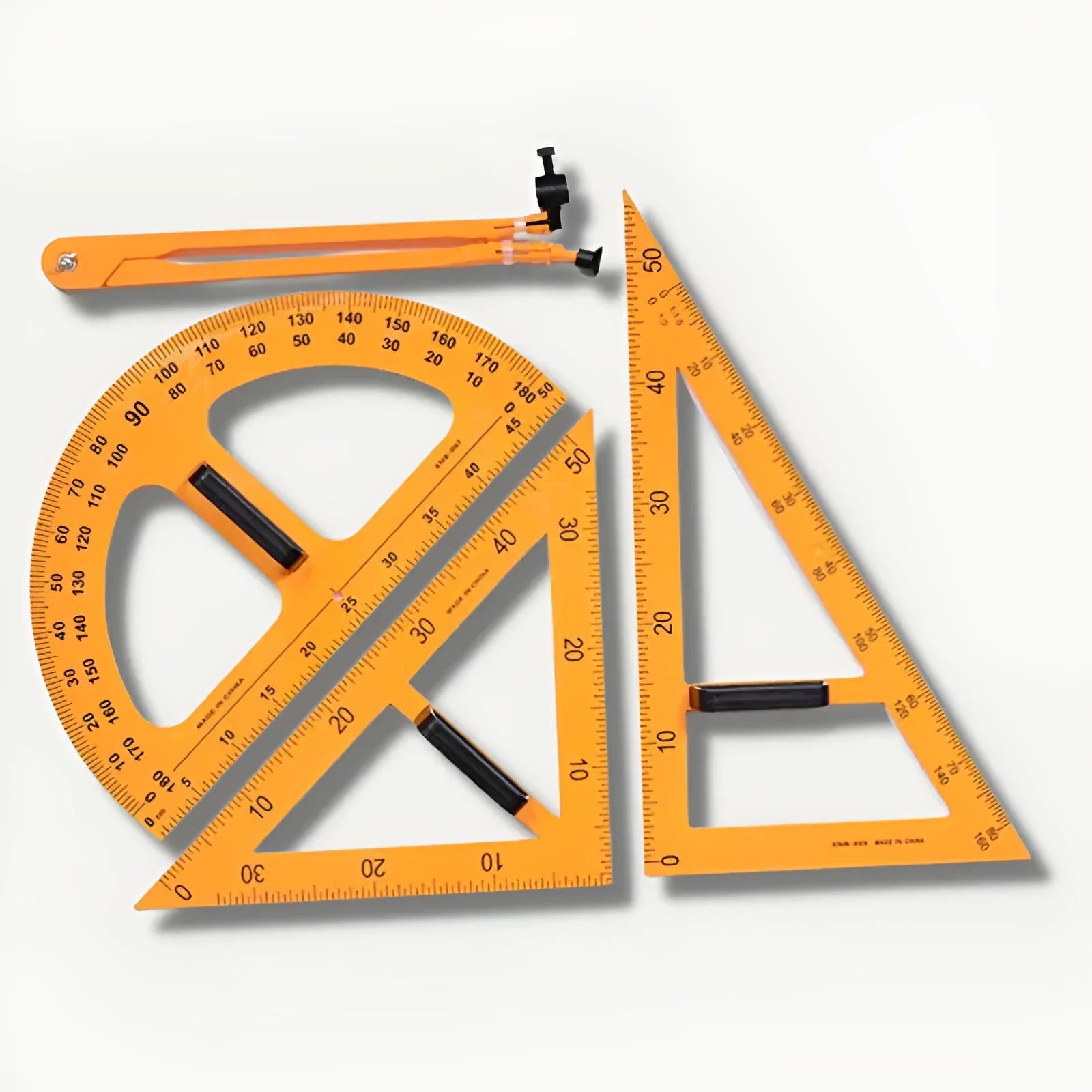 Orange and black plastic triangle ruler and protractor set for mathematics teaching