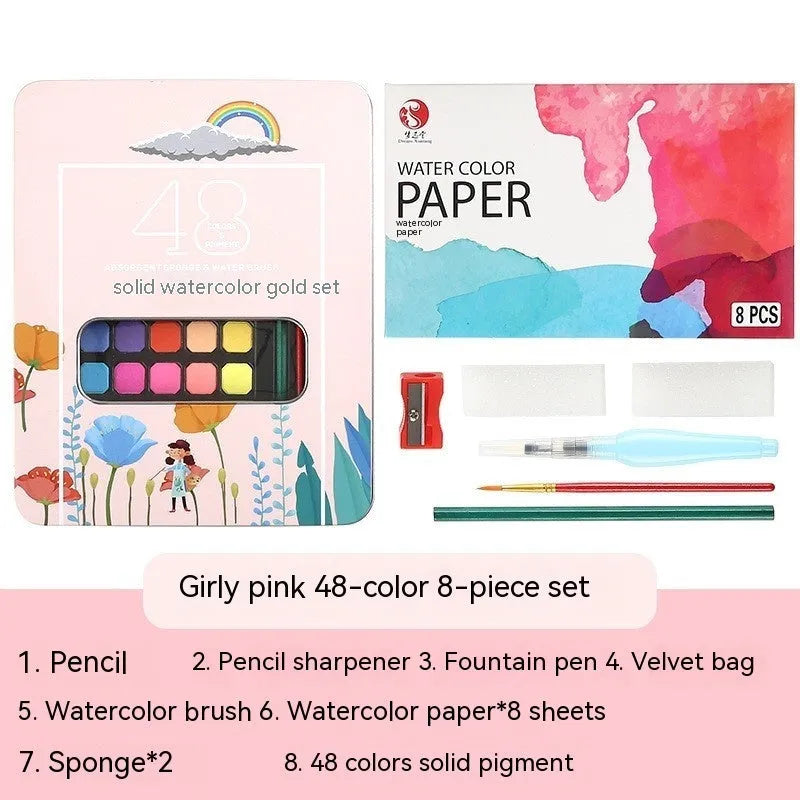 48 colour solid watercolour paint set in artist box for gouache techniques