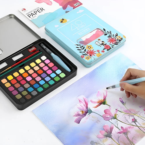 48 colour solid watercolour paint set in artist box for gouache techniques