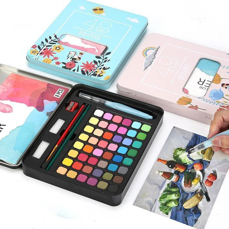 48 colour solid watercolour paint set in artist box for gouache techniques