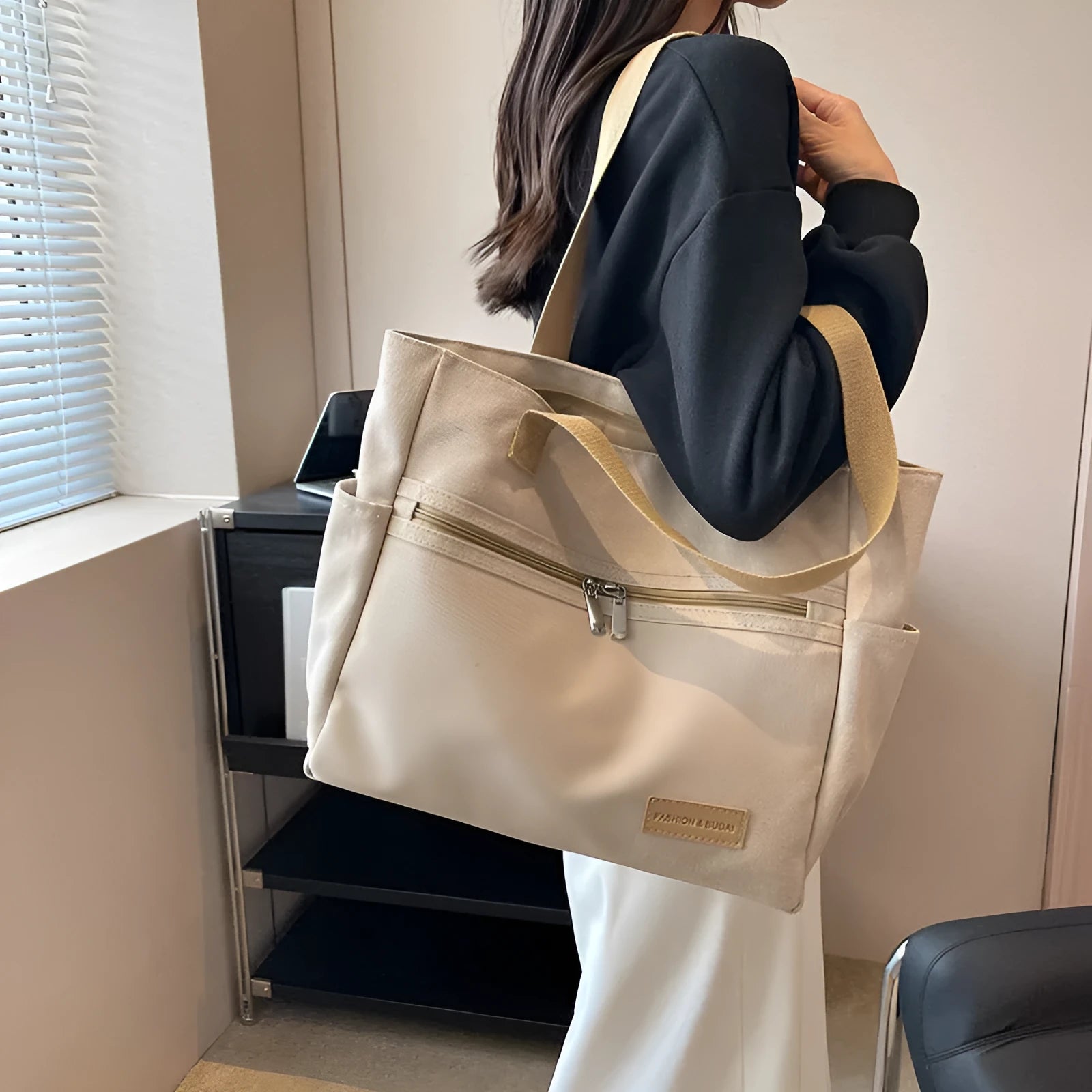 Canvas shoulder bag for women with contrast stitching and double shoulder straps, available in grey