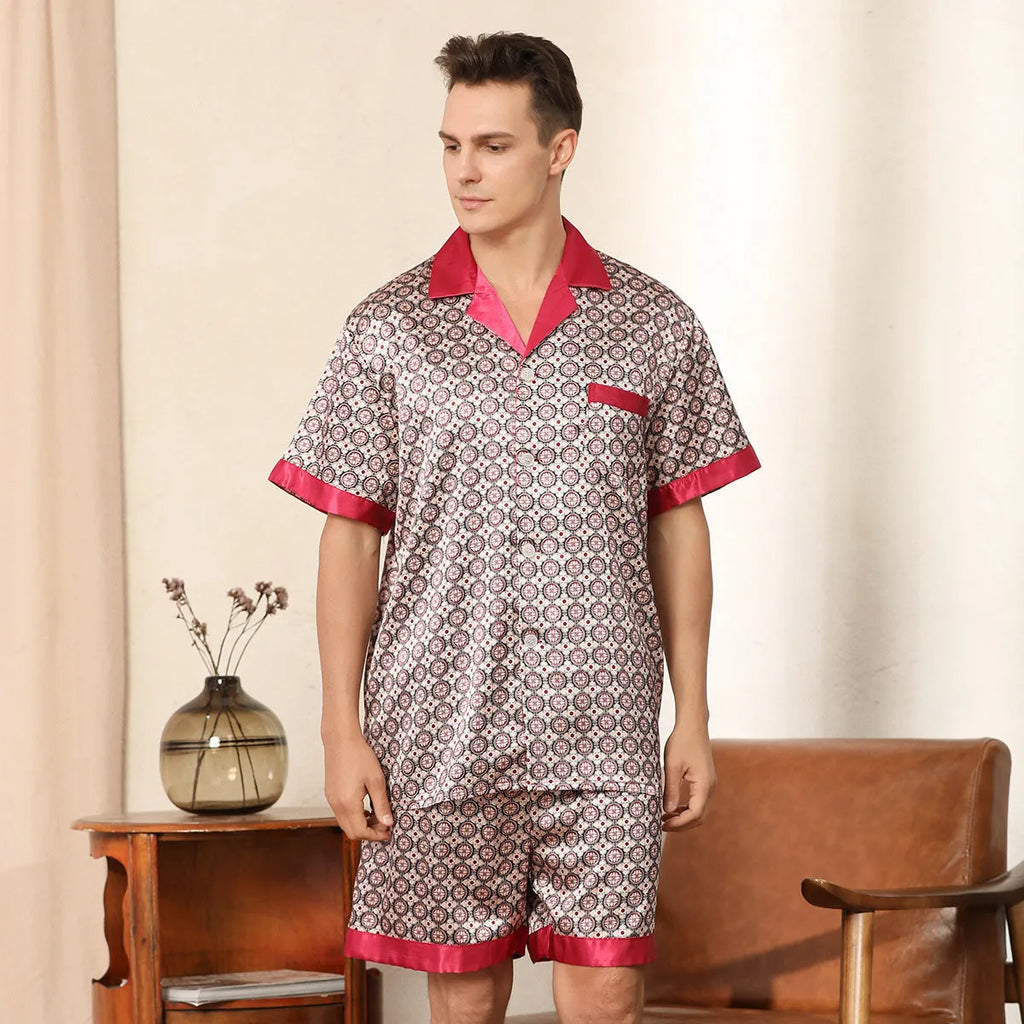 Men's summer printed short-sleeved shorts pyjama set in polyester, dark blue colour, front view