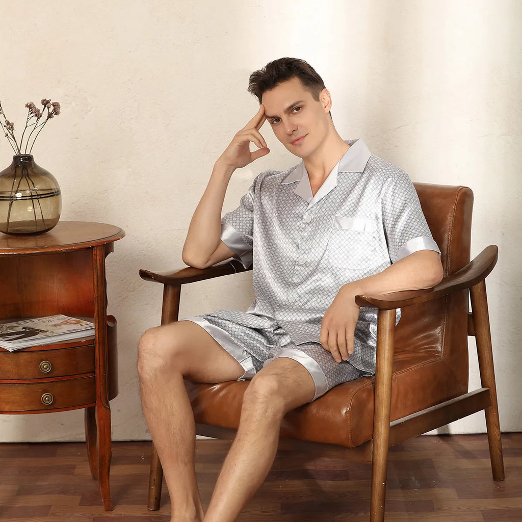 Men's summer printed short-sleeved shorts pyjama set in polyester, dark blue colour, front view