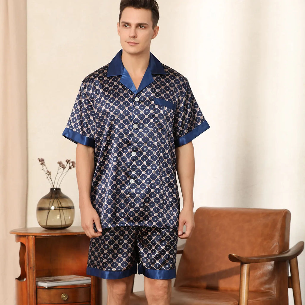 Men's summer printed short-sleeved shorts pyjama set in polyester, dark blue colour, front view
