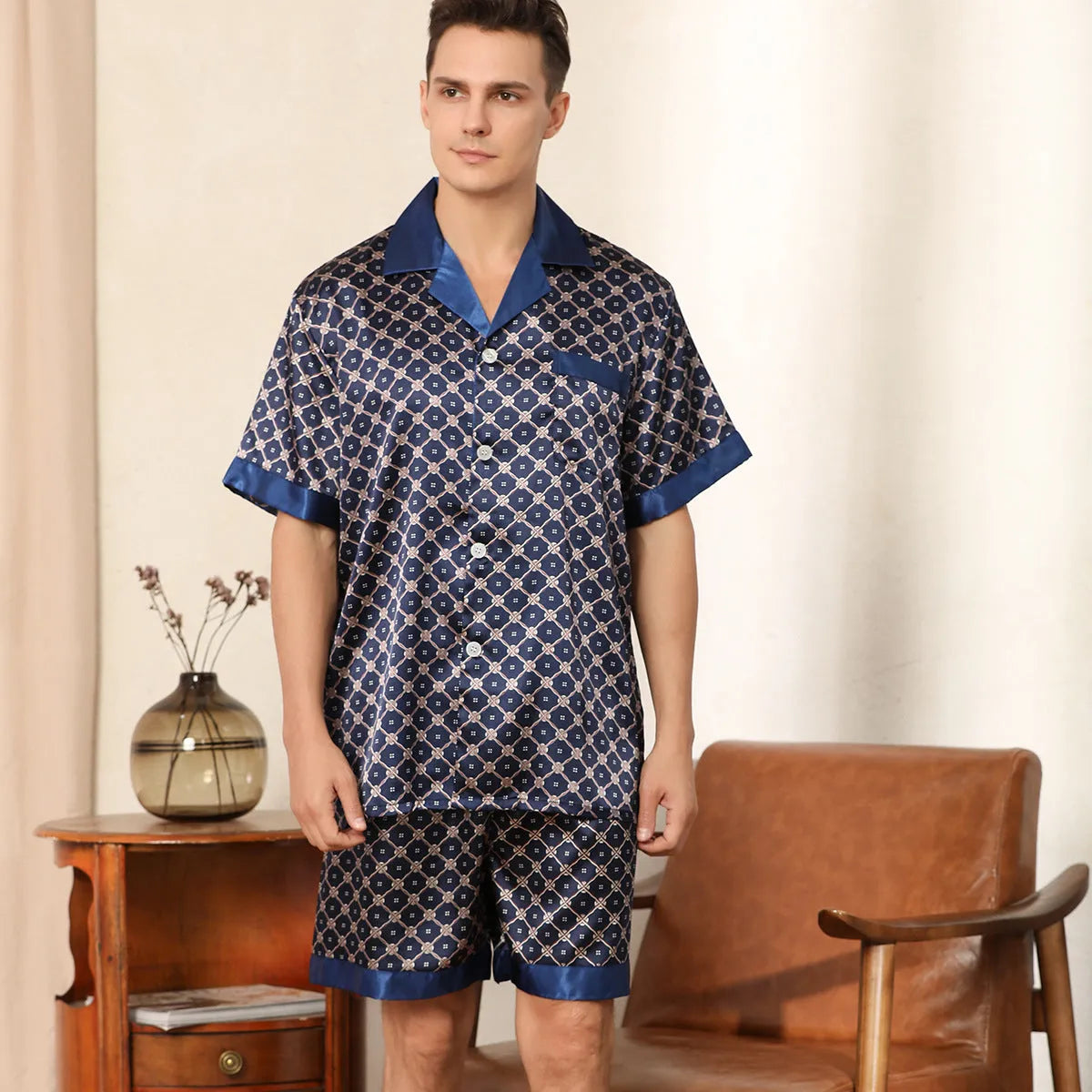 Men's summer printed short-sleeved shorts pyjama set in polyester, dark blue colour, front view
