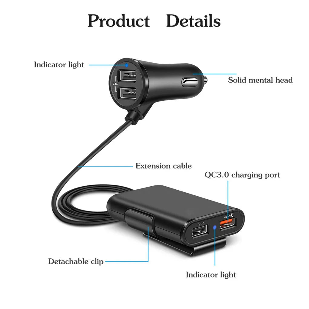 Black plastic fast charge car charger with QC3.0 and dual USB ports, blue LED on charger and white on extender
