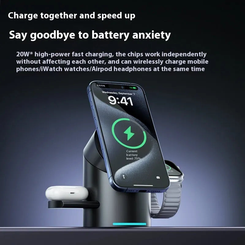 Three-in-one magnetic wireless charger stand in dark grey charging a phone, earphones, and Apple Watch