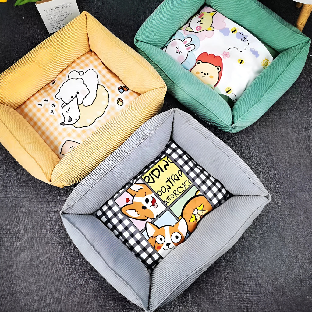 Light blue washable cotton pet winter nest for dogs and cats on a floor.