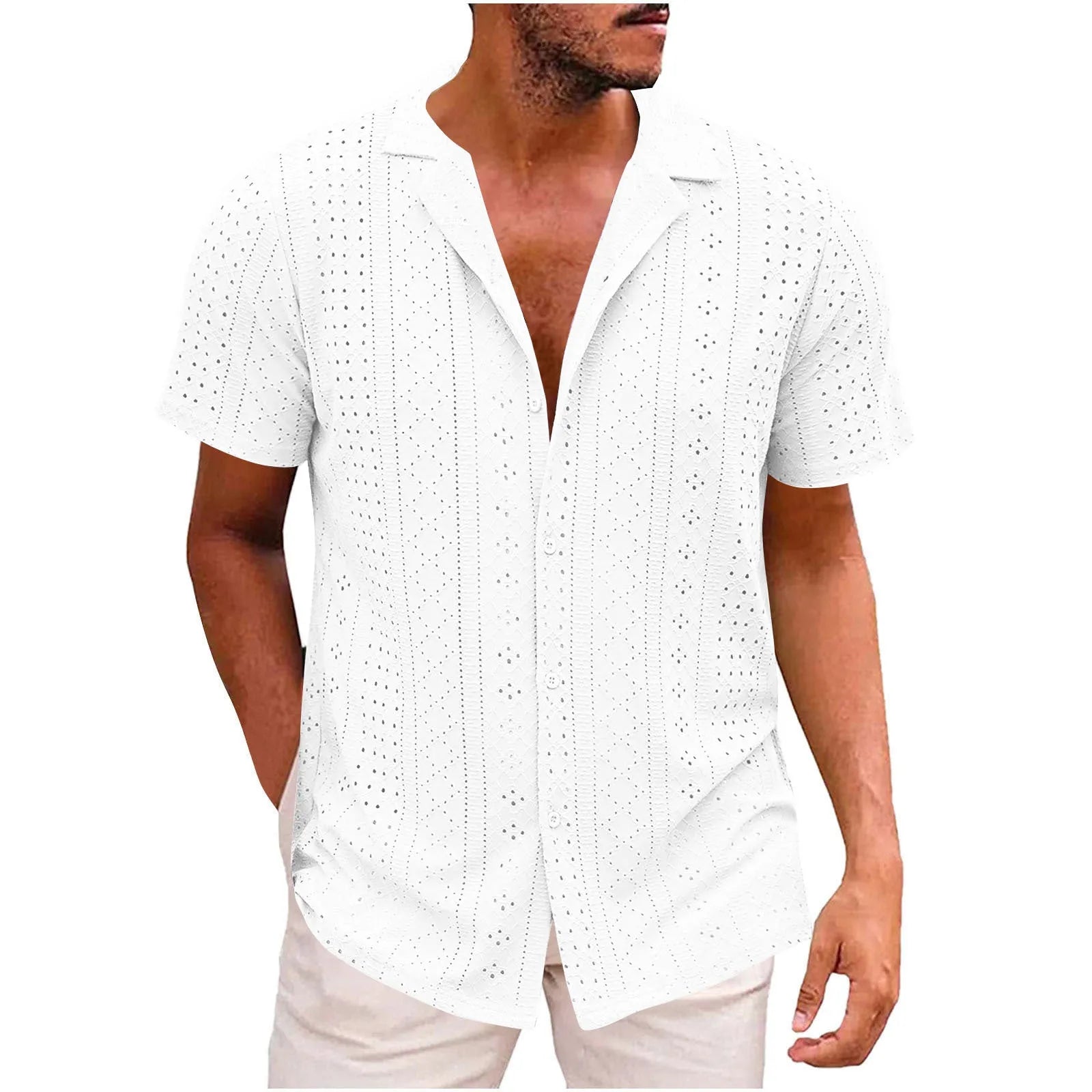 Men's breathable lightweight polyester casual shirt in white, cardigan style, regular fit