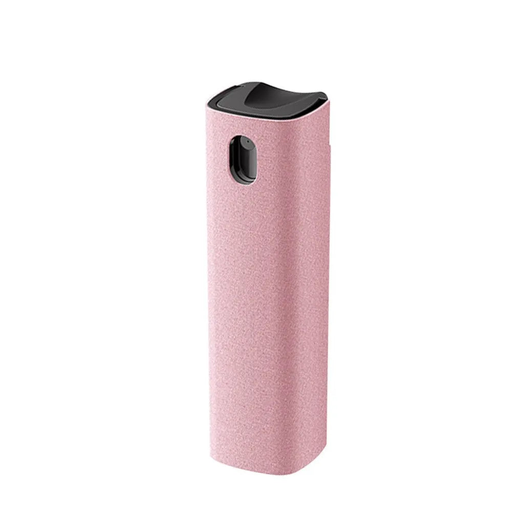 Small blue screen cleaner bottle with attached microfiber cloth on a table next to a smartphone