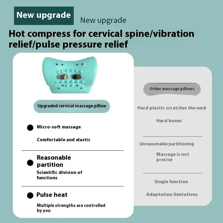 Blue-green cervical massage pillow with EMS, heat, and vibration functions for neck and shoulder relief