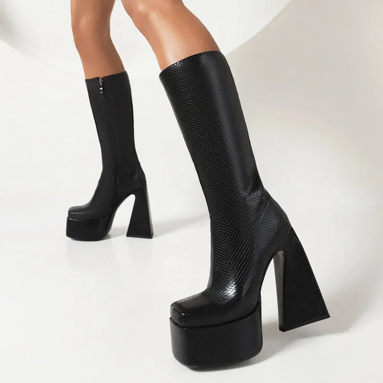 Women's casual high boot in artificial PU leather, shown in black, red, blue, and white colour options.