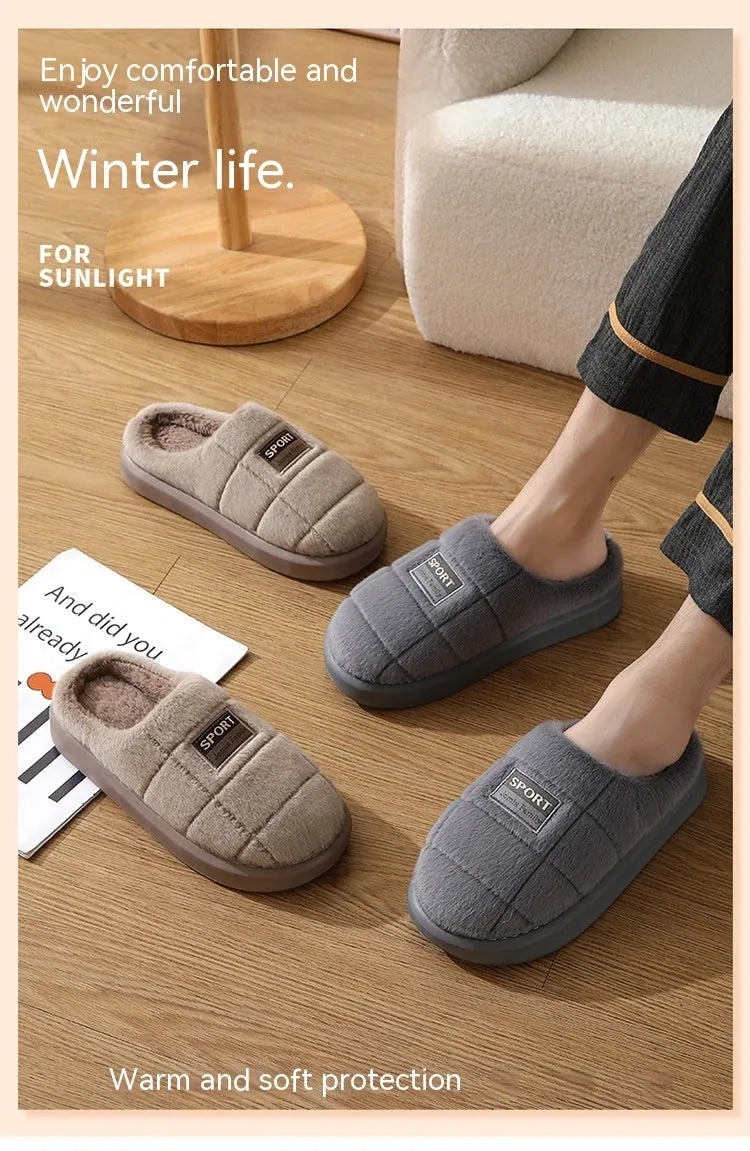 Men's plaid rabbit hair slippers with thick sole, shown in brown and grey colour options