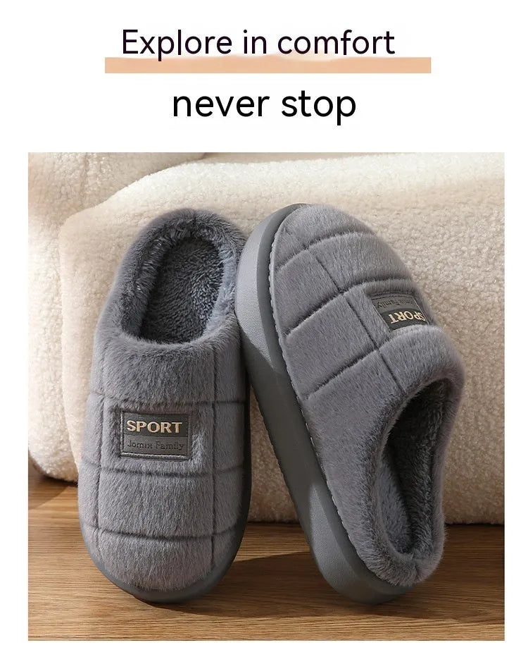 Men's plaid rabbit hair slippers with thick sole, shown in brown and grey colour options