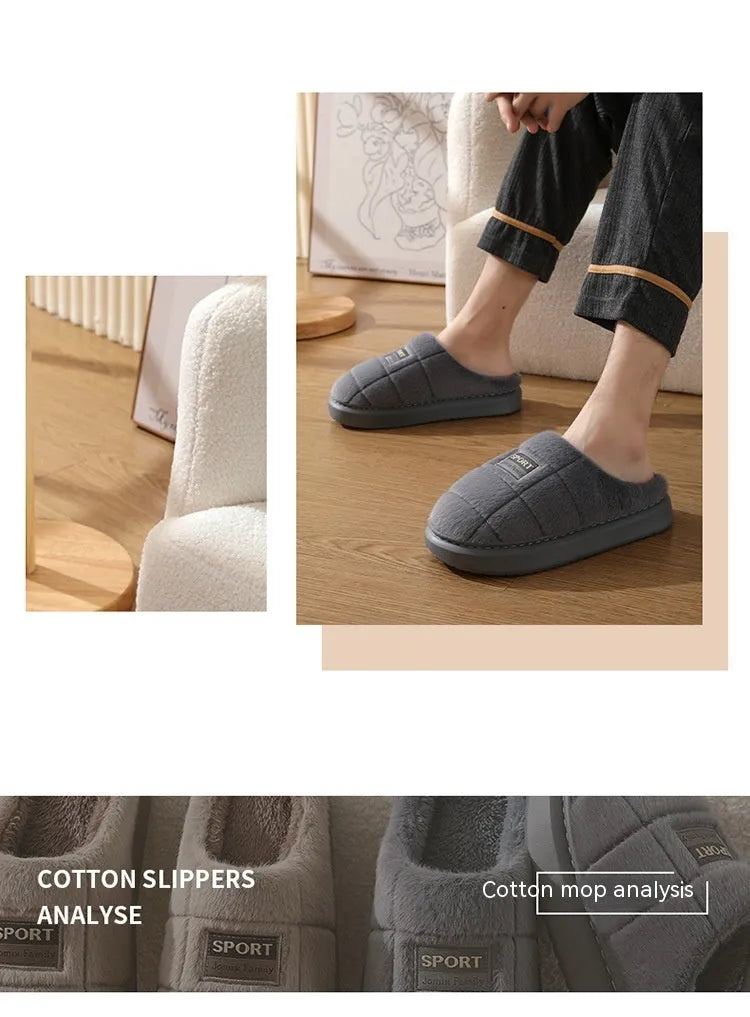 Men's plaid rabbit hair slippers with thick sole, shown in brown and grey colour options