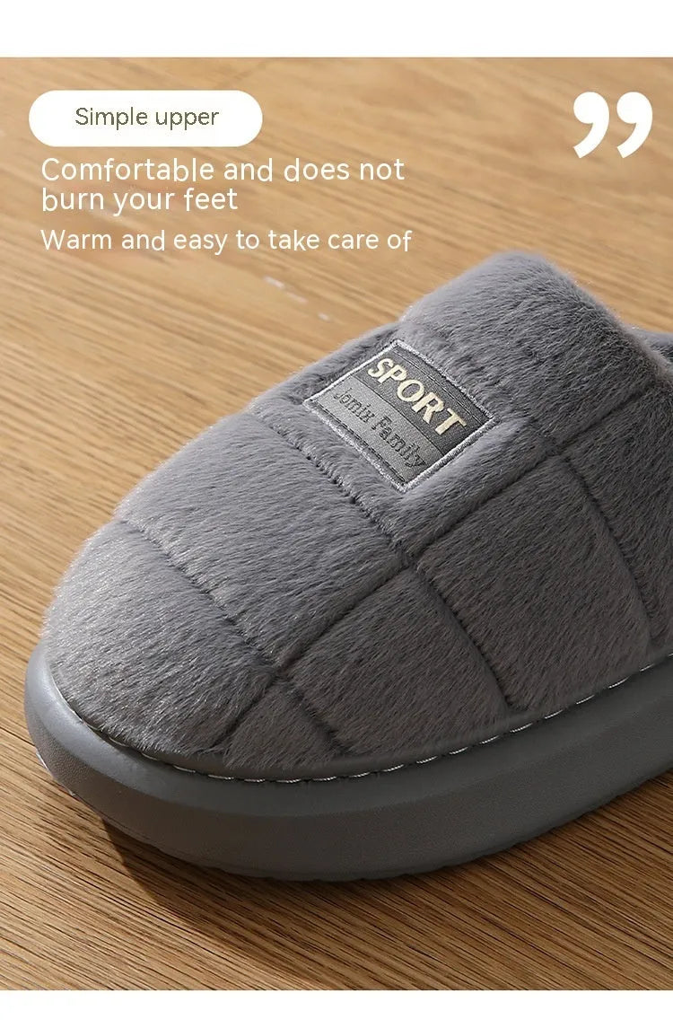 Men's plaid rabbit hair slippers with thick sole, shown in brown and grey colour options
