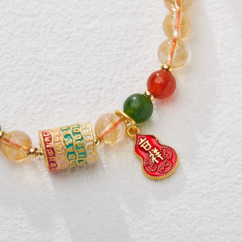 Hand-woven citrine five sutra bracelet with 6mm stones and geometric design