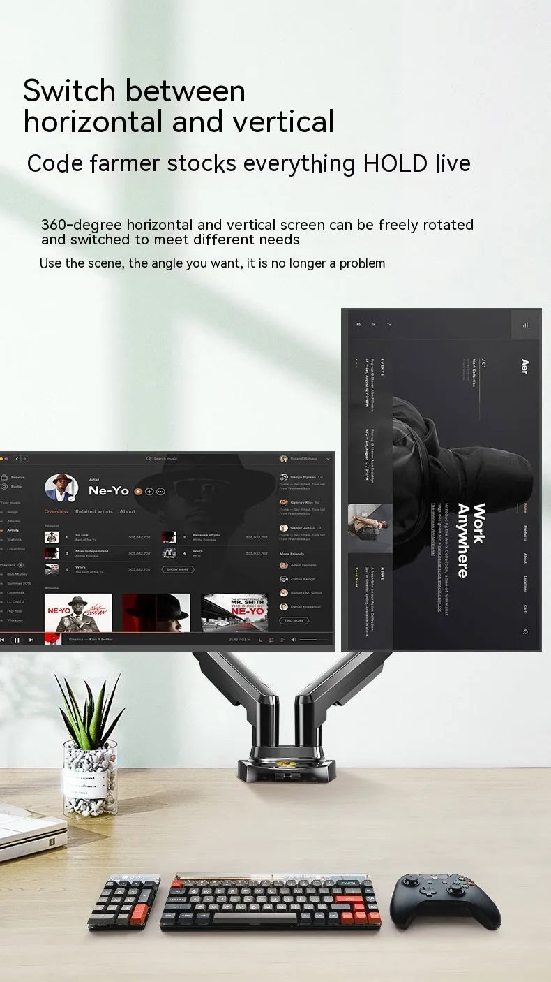 Dual screen monitor bracket with lifting mechanism in aluminium alloy and plastic construction