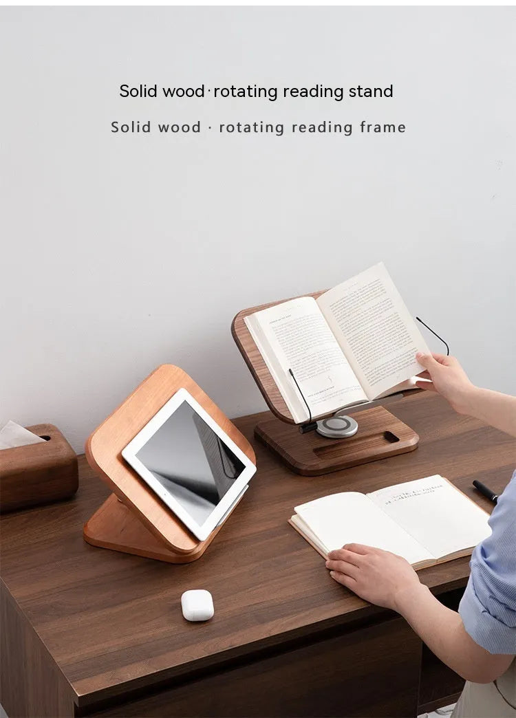 Walnut-coloured solid wood reading rack with an adjustable angle, holding a book.
