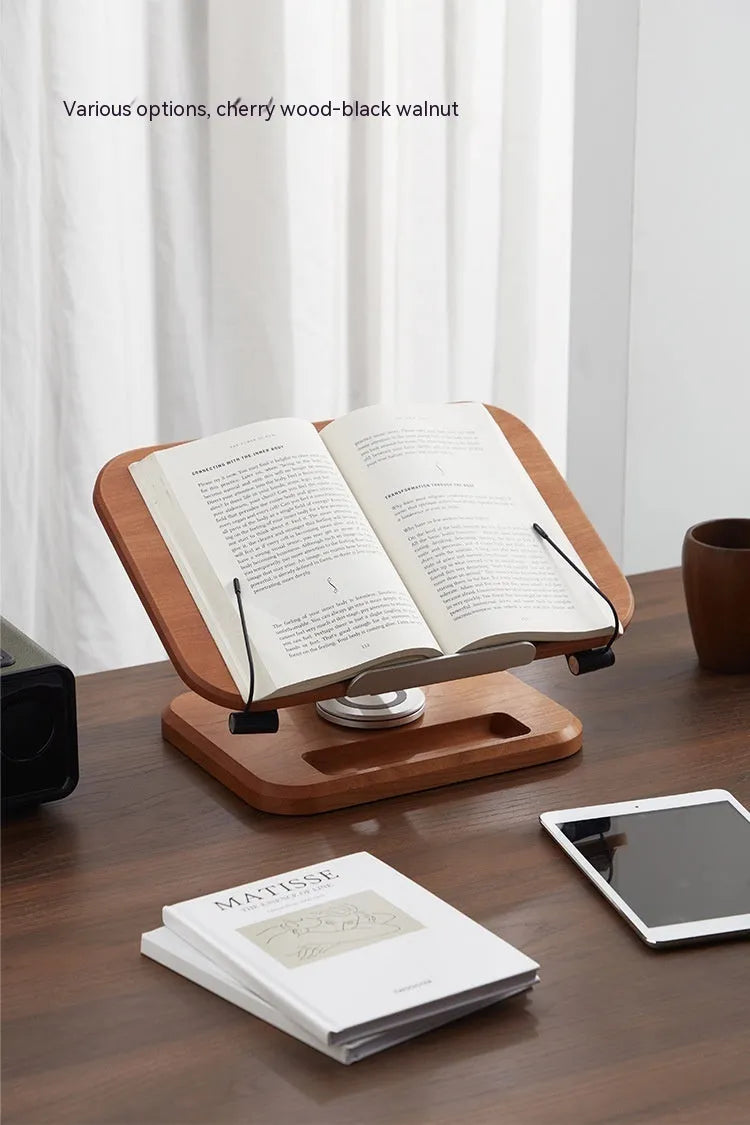 Walnut-coloured solid wood reading rack with an adjustable angle, holding a book.