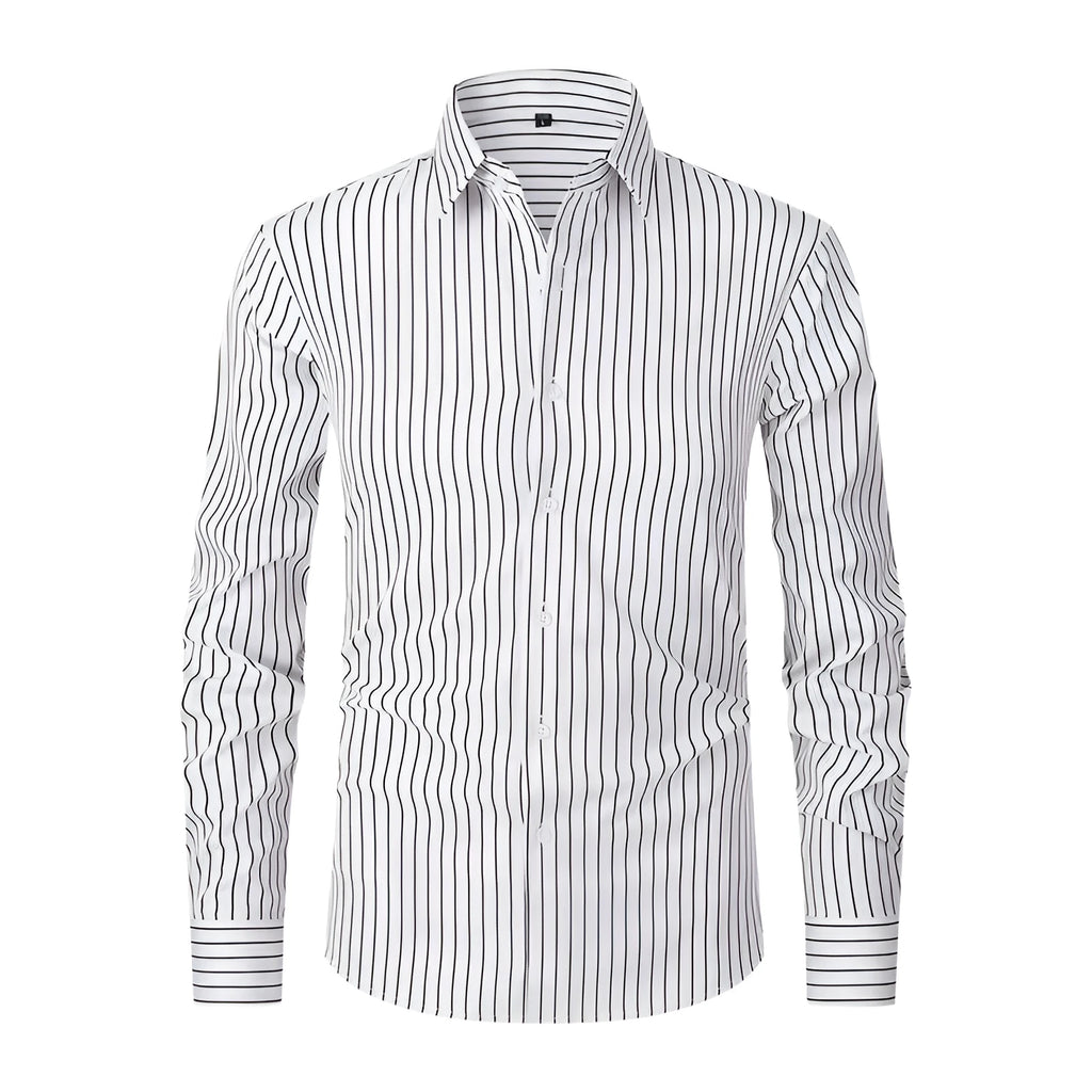 Men's striped long sleeve business shirt in polyester blend fabric with slim fit cardigan styling