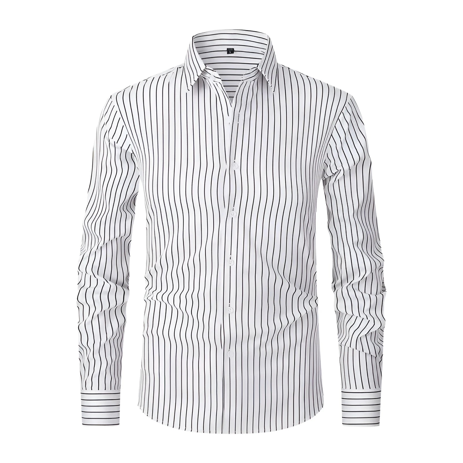 Men's striped long sleeve business shirt in polyester blend fabric with slim fit cardigan styling