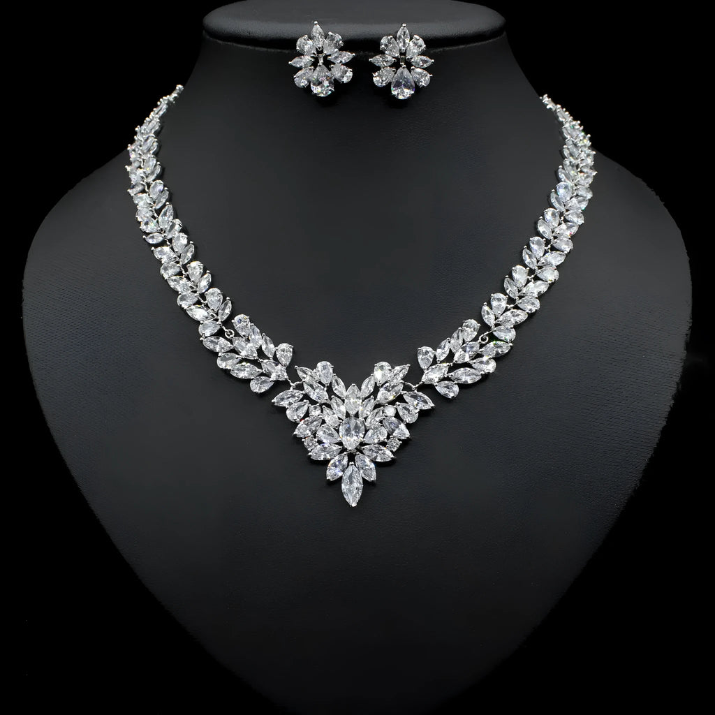 Ice flower earrings and necklace set, Korean style, copper and zircon, gold electroplated, flower design