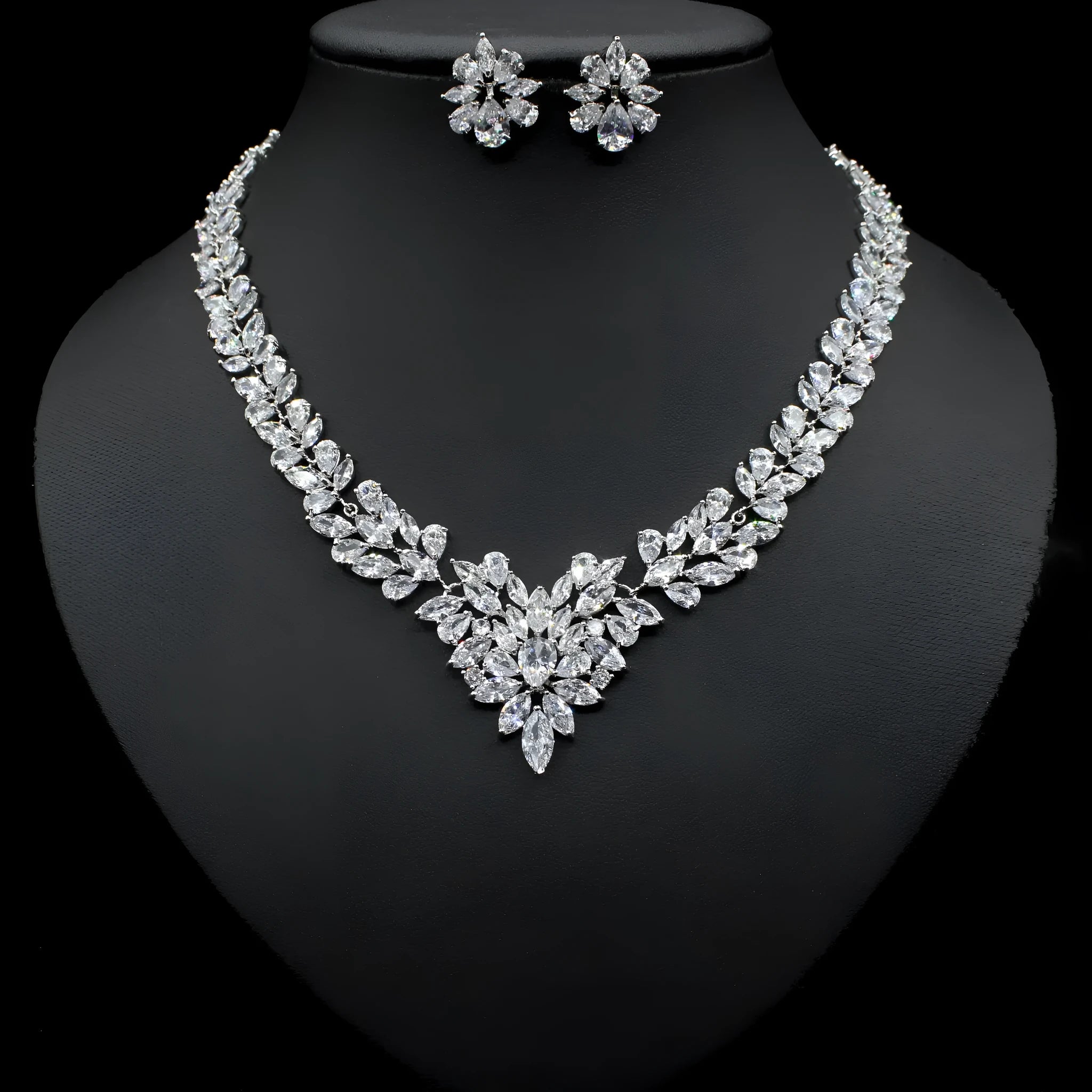 Ice flower earrings and necklace set, Korean style, copper and zircon, gold electroplated, flower design